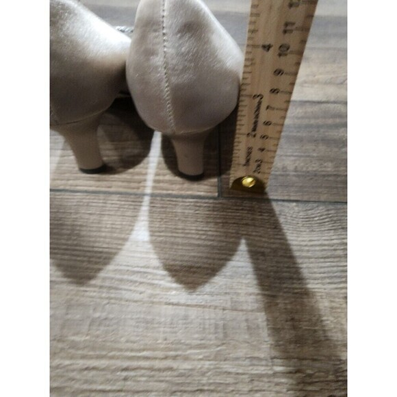 CAPARROS TAN SATIN HEELS PUMPS ETHEL PEEP TOE Shoes rhinestone bling Sz 7.5B - Picture 5 of 8